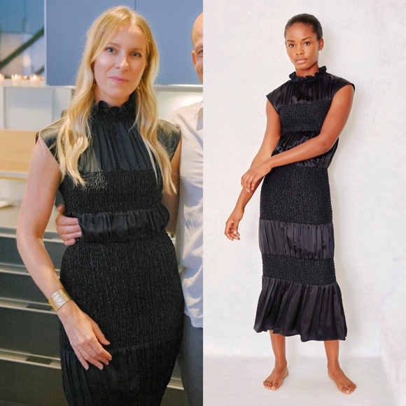 MARYSIA RESORT Lesbos 100% Silk Smocked Midi Dress in Black - Picture 5 of 10